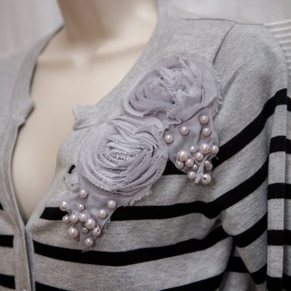Gray/Black Striped Petite Cardigan with Rosettes - Picture 2 of 6